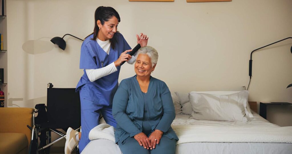 in-home-care-for-seniors-indiana-caregiver-assisting-smiling-elderly-woman-at-home